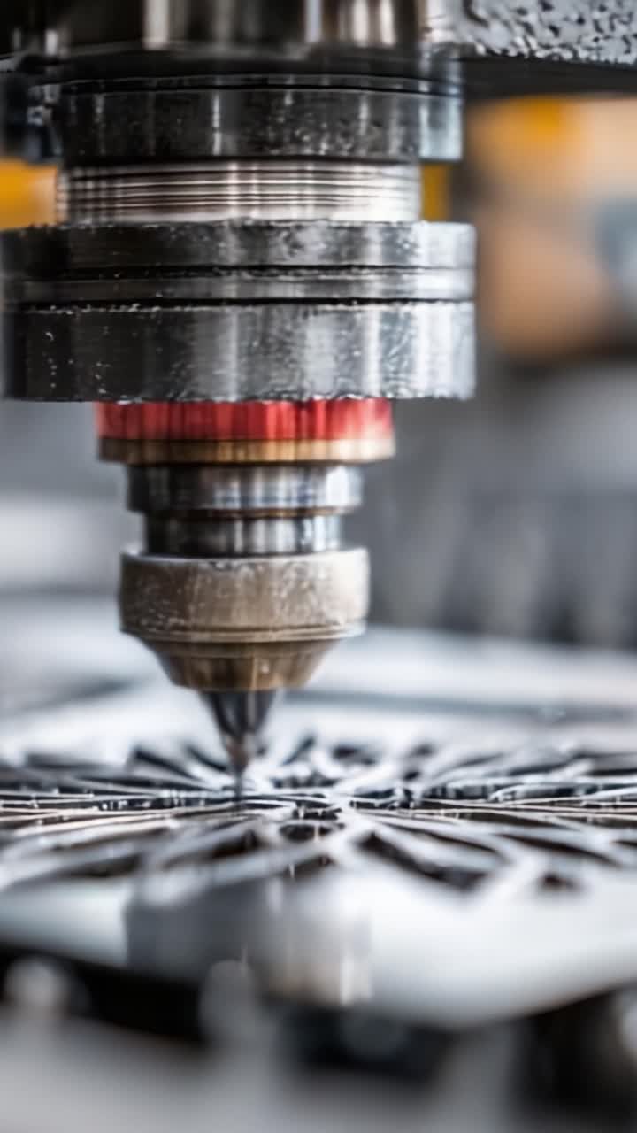 Primo piano di un processo di lavorazione CNC di precisione con focus sul meccanismo degli utensili, che dimostra elevato dettaglio e complessità nelle moderne tecniche di produzione.