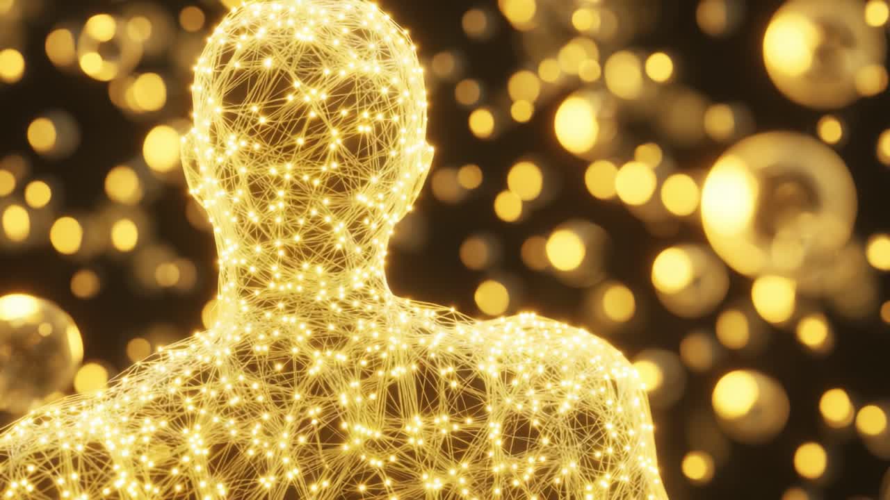Visual Representation of a Human Figure Surrounded by Pulsating Golden Lights and Network Lines, Emphasizing the Connection Between Technology and Humanity