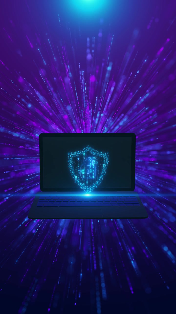 Laptop cyber security shield background glowing lock icon purple speed rays and blue digital light