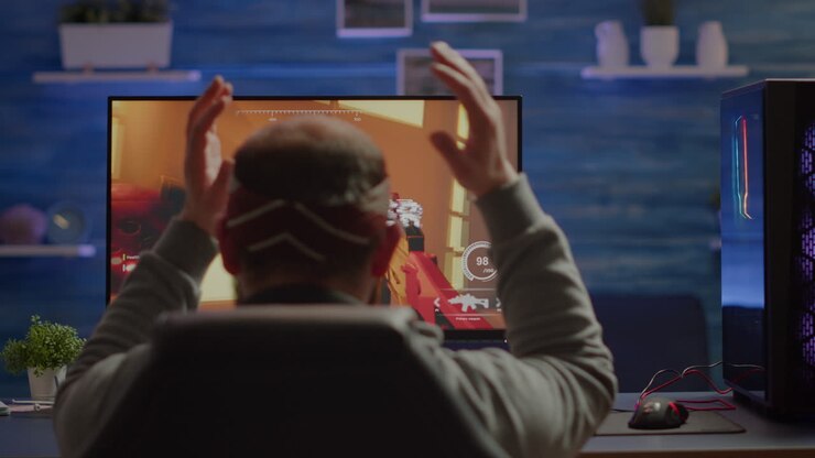 Triste gamer professionista di eSports che sta perdendo un videogioco sparatutto mock-up