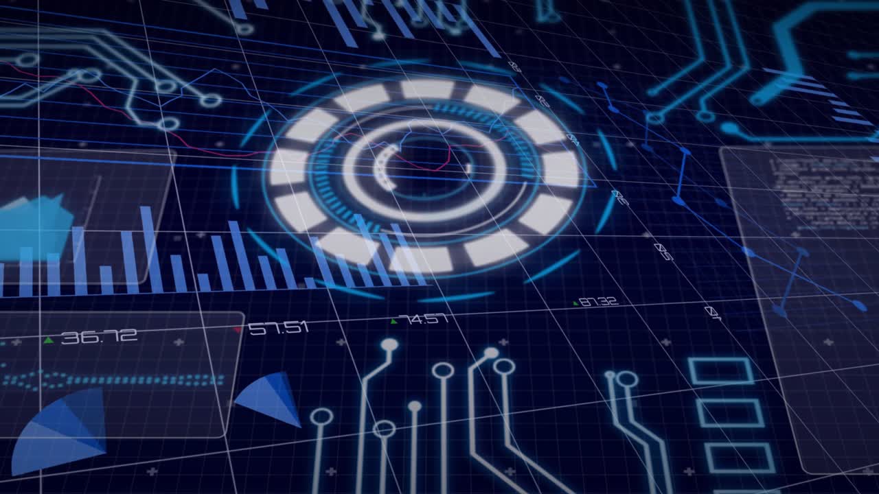Central HUD ring pulsing pulse starting while bars rising and labels updating to show live data