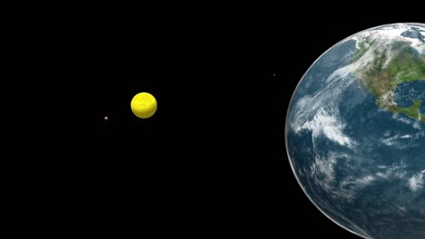 spinning earth with the yellow sun from dark space background animation, amazing view of the earth from space and sun