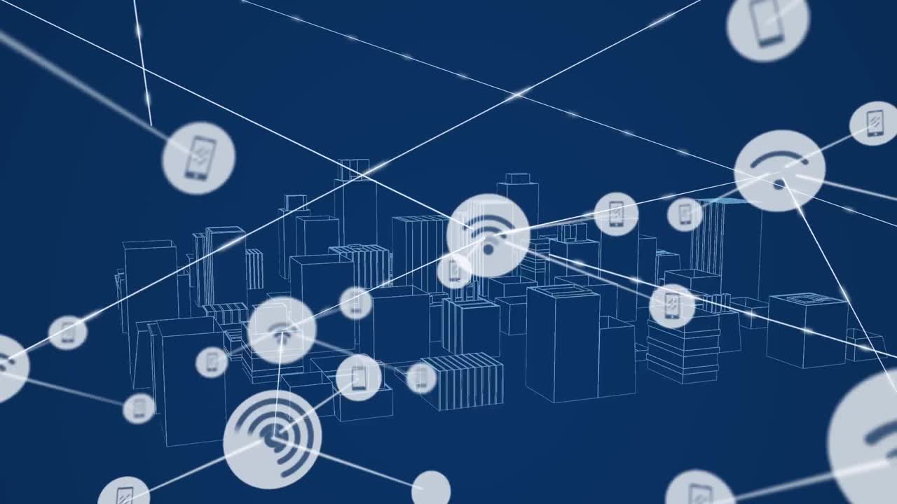 Animation of phone and wi-fi icons connecting with lines over graphical skyscrapers
