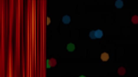 animation of red curtain opens and christmas fairy lights flickering over black background