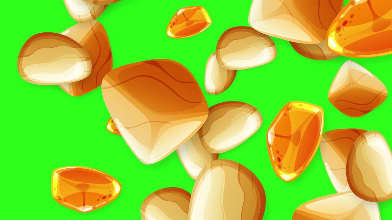 Stylized 2D stones and translucent amber gems fall vertically against a bright green background.