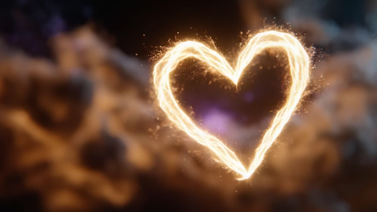 Un cuore luminoso creato con una luce scintillante turbina su uno sfondo scuro e nuvoloso, simboleggiando l'amore e l'emozione in un'atmosfera incantevole