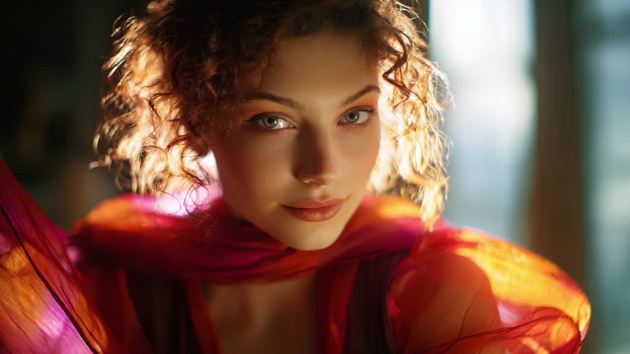 Portrait of a Beautiful Woman with Curly Hair and a Red Shawl
