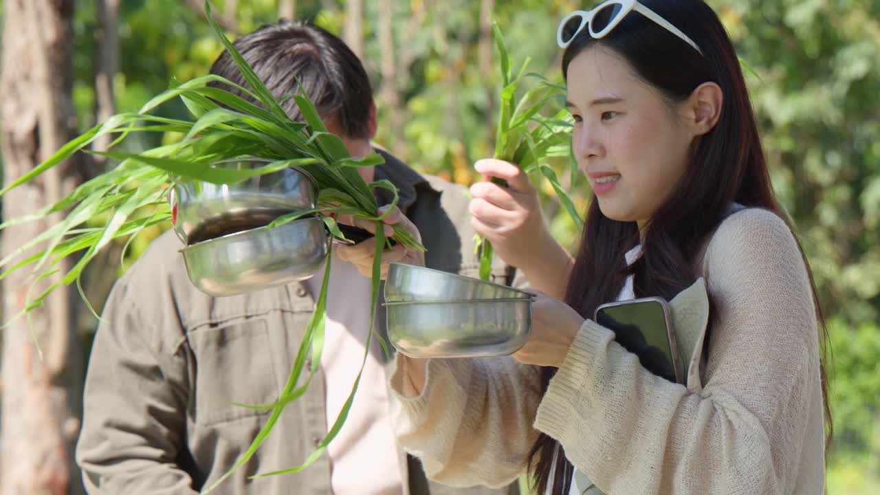 一对幸福的亚洲夫妇在阳光明媚的户外度假期间用新鲜的绿草喂食动物。