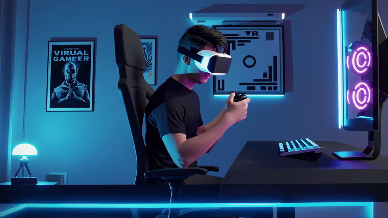 Young Man Immersed in Virtual Reality Gaming
