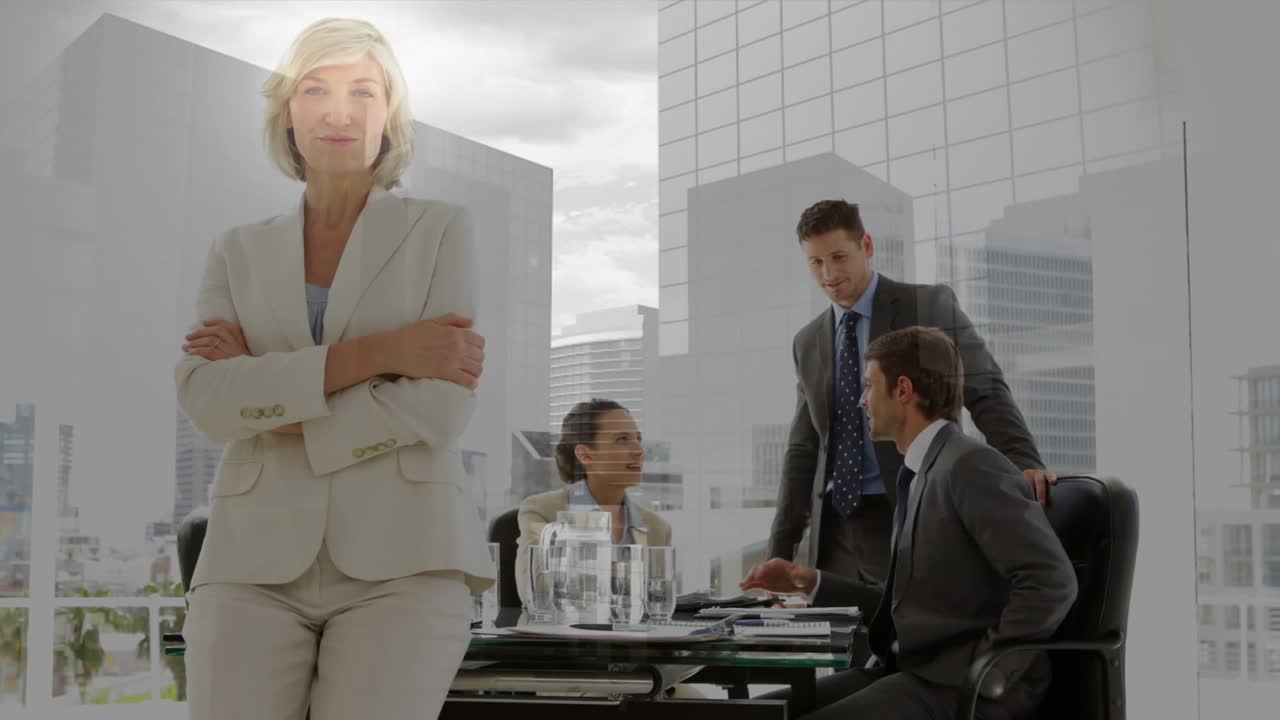Animation of financial data processing over business people wearing headsets