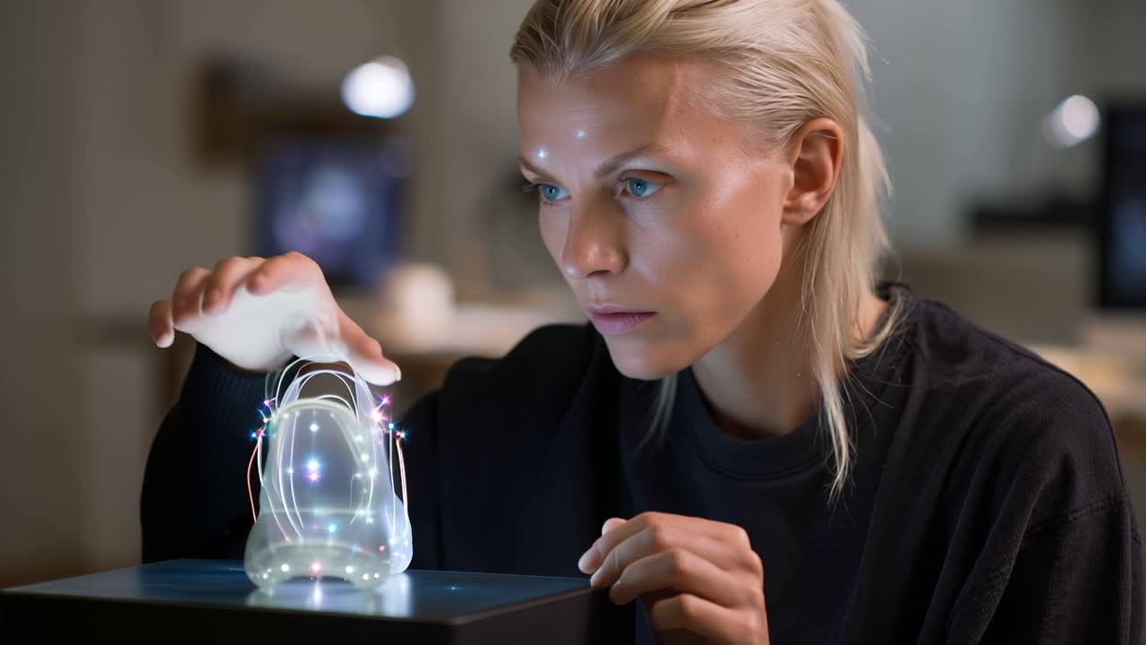 Kvinde undersøger en glødende, futuristisk sko med et fokuseret udtryk. Blød belysning fremhæver hendes intense blik. Moderne omgivelser antyder teknologi- eller designinnovation.