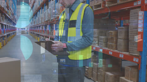 animation of data processing over man working in warehouse