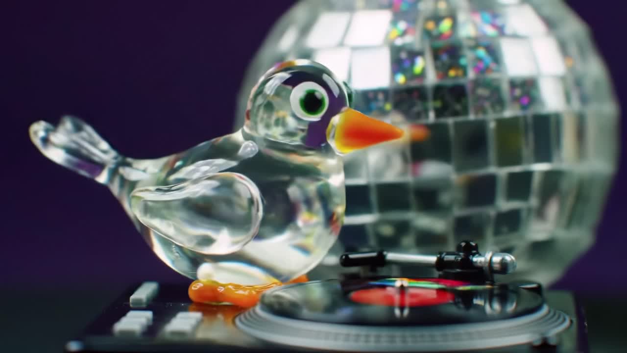 A Colorful Glass Bird Spins Records Under a Shimmering Disco Ball in a Playful Dance of Light and Sound