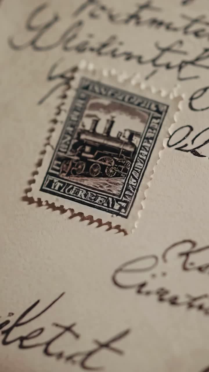 Close-up, vintage-stijl opname van een treinstempel op handgeschreven brieven, die nostalgie oproept