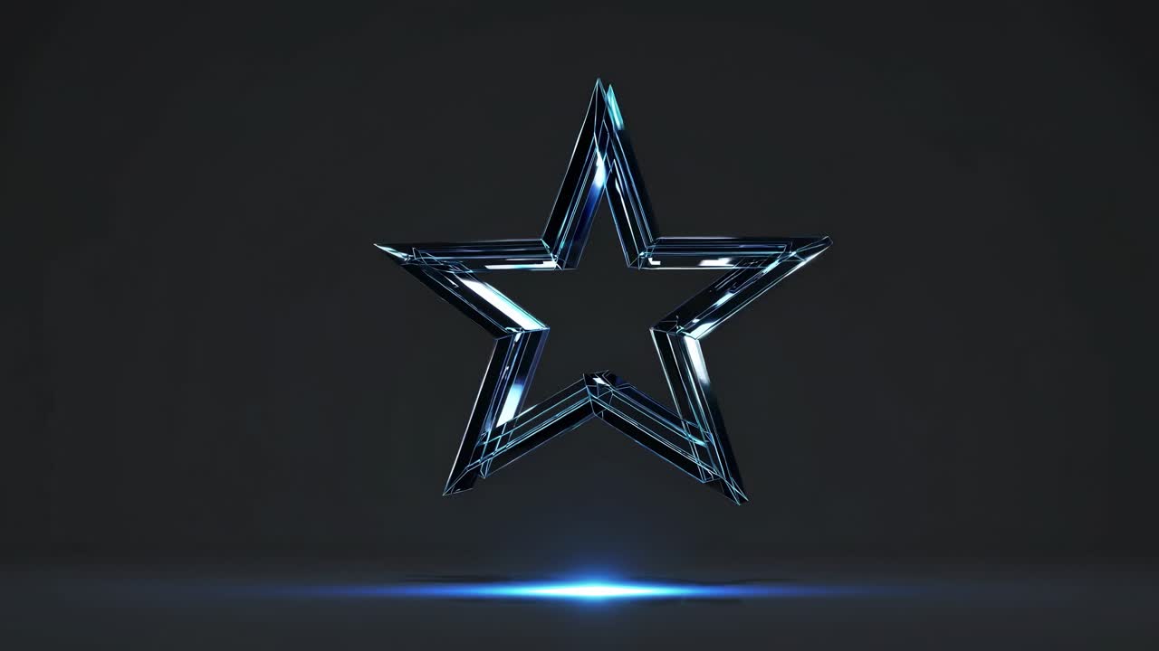 A futuristic video featuring a glowing, rotating digital star with glitch effects, set