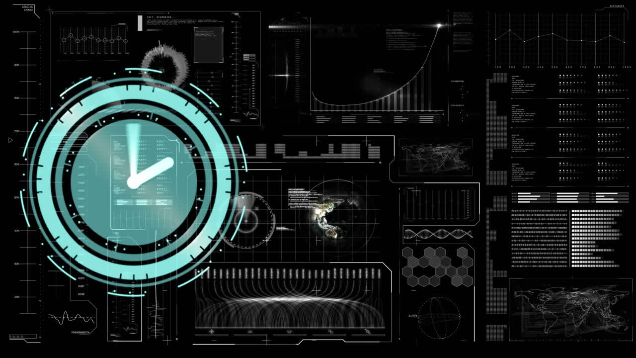 Animation of clock and statistics processing on dark background