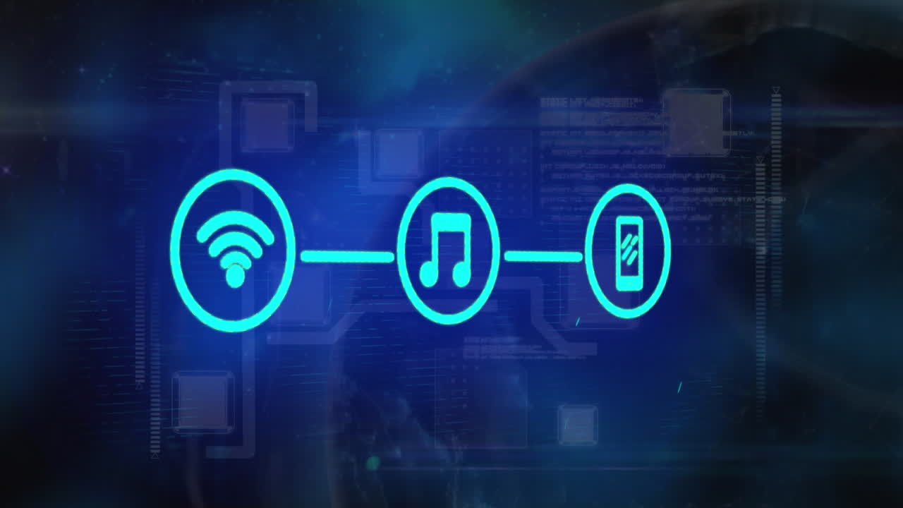 animação de rede de conexões com ícones sobre fundo preto