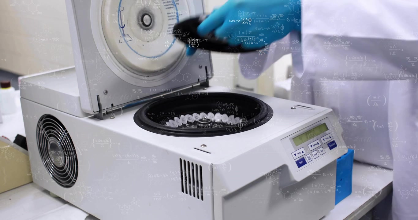 Operating laboratory centrifuge, scientist wearing blue gloves with animation of formulas