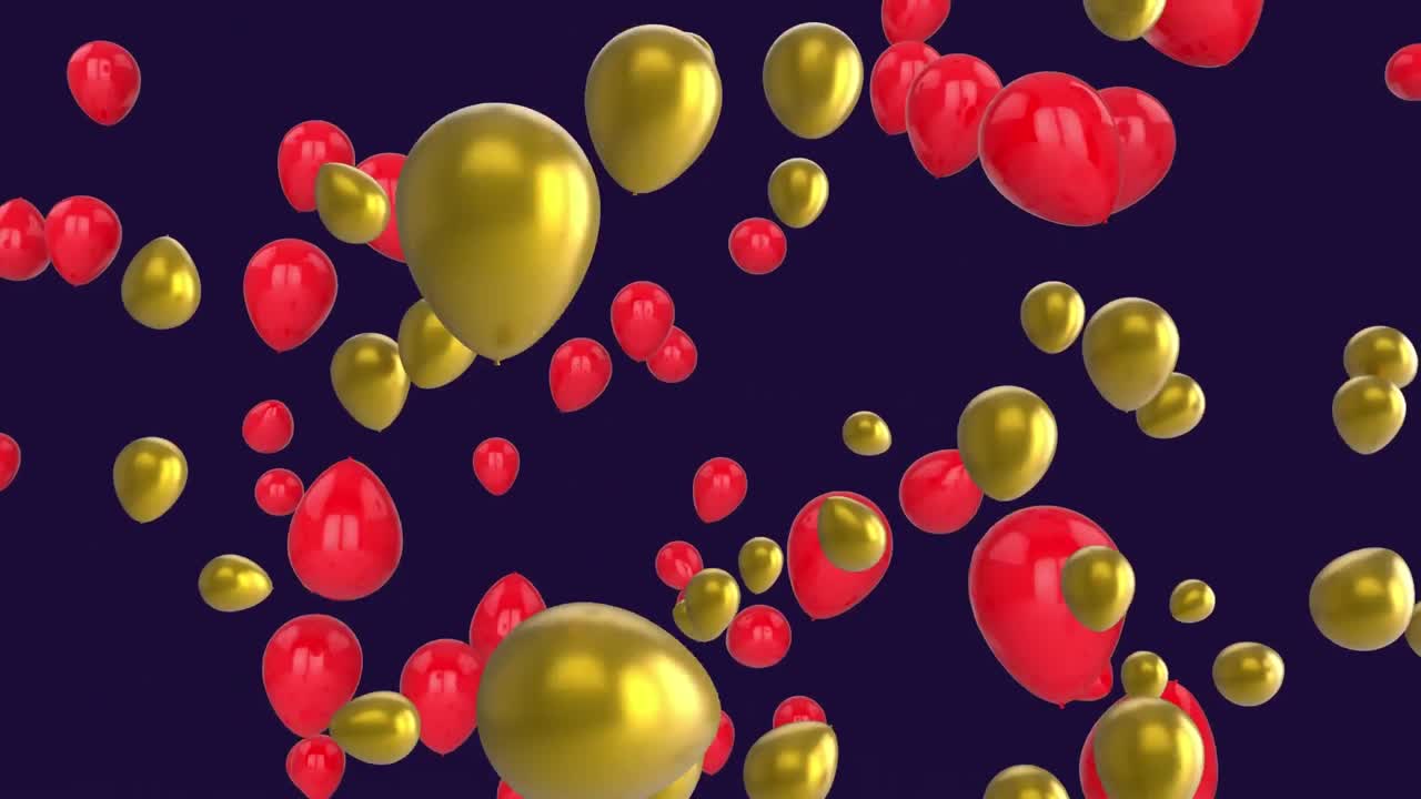 animación de múltiples globos amarillos y rojos que se mueven hacia arriba contra un fondo violeta, copia el espacio