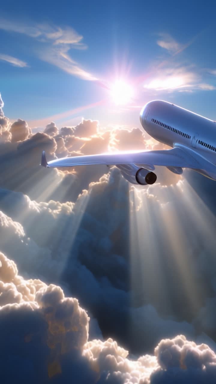 Pesawat Megah Terbang di Atas Awan Gumpal dengan Sinar Matahari Memancar, Menciptakan Pemandangan Langit Menakjubkan yang Menangkap Esensi Perjalanan Udara dan Petualangan