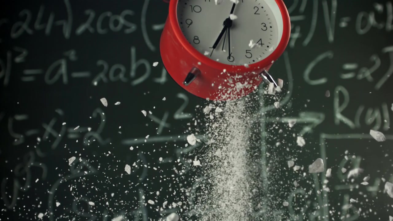 Red Alarm Clock Rising with Falling Chalk Dust Against Math Blackboard