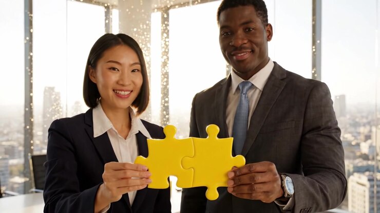 Collaborative Success Unlocked: Two Professionals Work Together to Complete a Puzzle in a Modern Office, Signifying Teamwork and Innovation in Their Careers