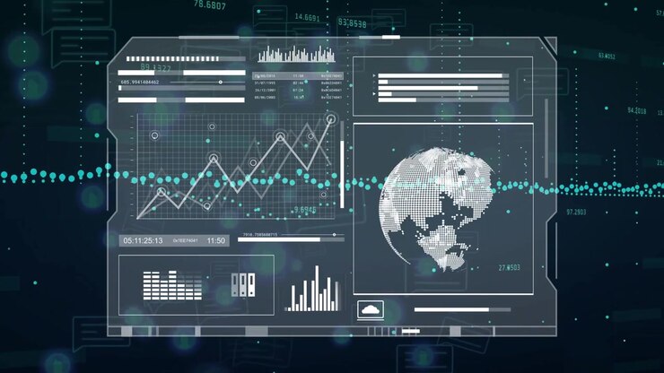 data dashboard emerging against dark backdrop visualizing rising graph rotating globe sweeping dots