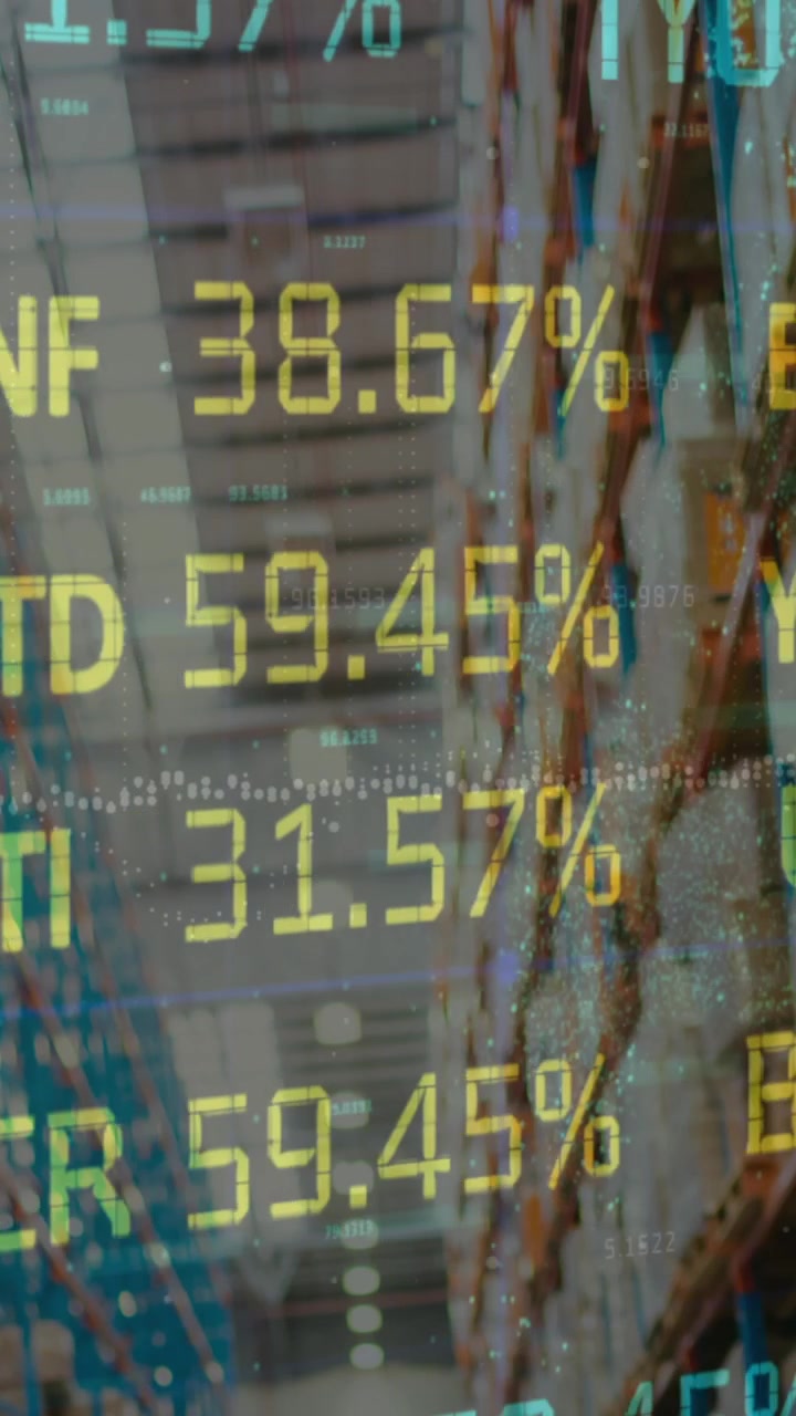 Animation of stock market and financial data processing over empty warehouse