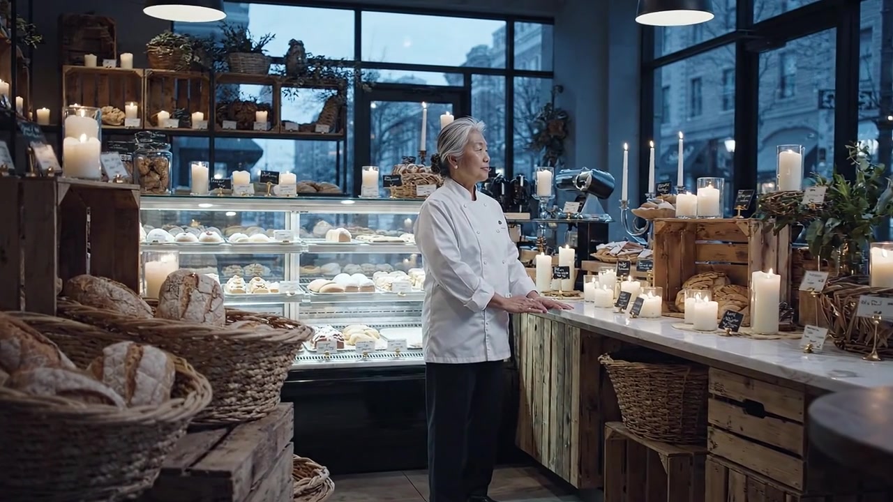 A Serene Bakery Atmosphere with a Skilled Baker Surrounded by Artisan Bread and Candlelight, Reflecting Crafts and Warmth in a Cozy Space