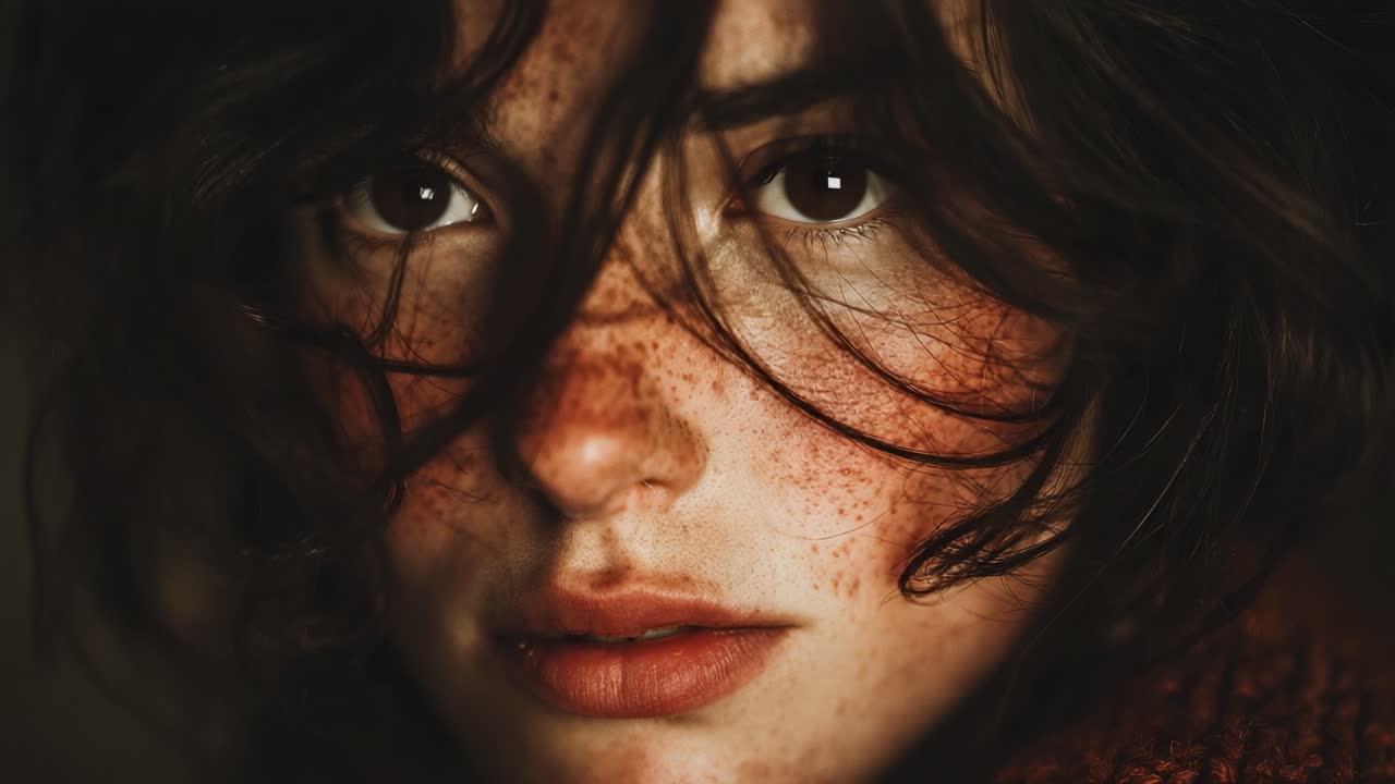 A series of captivating frames capturing the essence and emotions of a young woman with freckles, showcasing her transformation from serenity to intense emotion