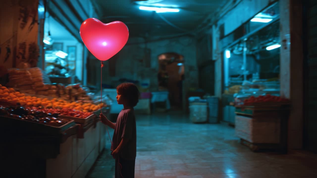 Uma criança pequena segura um balão vermelho vibrante em forma de coração, em meio a um mercado mal iluminado e repleto de frutas e legumes coloridos, capturando as emoções contrastantes de inocência e nostalgia em uma cena cativante