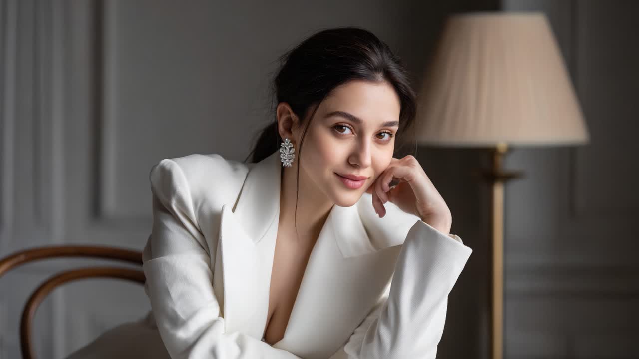 Elegant Pose of a Woman in a White Blazer, Exuding Confidence and Charm in a Sophisticated Indoor Setting with Soft Lighting and Stylish Accessories