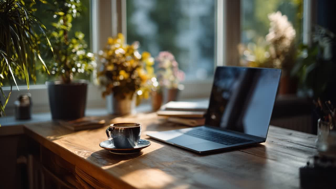 A Serene Workspace with a Laptop, Cup of Coffee, and Lively Plants on a Sunlit Table, Perfect for Productivity and Inspiration in a Cozy Atmosphere