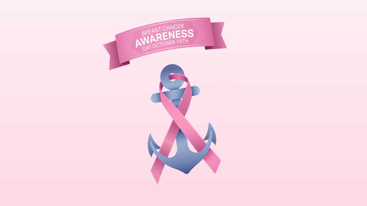 분홍색 배경에 나타나는 분홍색 리본  ⁇ 커 로고와 유방암 텍스트의 애니메이션