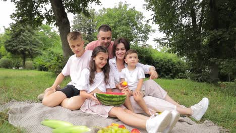 Happy Family Clinking Glasses Enjoying Picnic in Park Happy Family Clinking Glasses Enjoying Ice Lemonade during Picnic in Park on Sunny Weekend Day