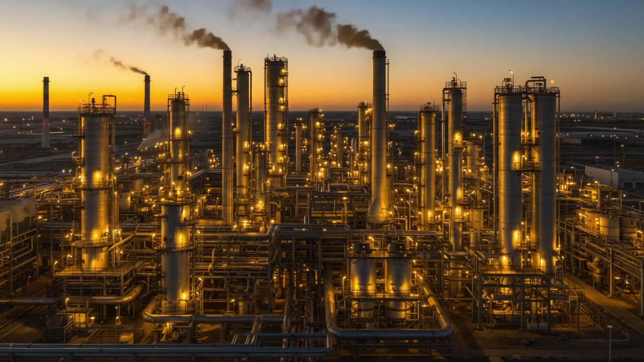Illuminated Industrial Complex at Dusk: A Glimpse into the Operations of a Vast Oil Refinery Under a Twilight Sky