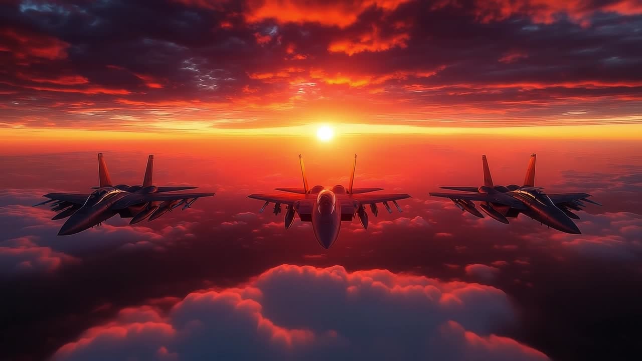 Fighter jets flying against a sunset sky. Three fighter jets fly through a vibrant sunset, amid colorful clouds in warm orange and red hues.