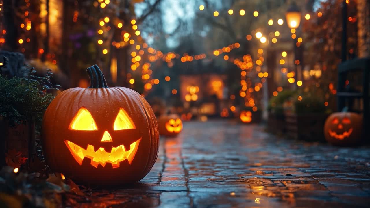 Halloween Pumpkins on a Cobblestone Street with Festive Lights