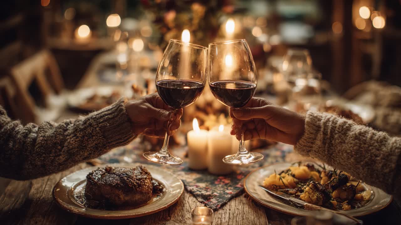 Una cena accogliente con una tavola elegantemente apparecchiata, brindisi con calici di vino rosso, piatti deliziosi e la luce soffusa delle candele che crea un'atmosfera calda per un'occasione speciale.