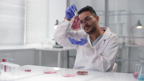 scientist examining a steak sample in a laboratory setting