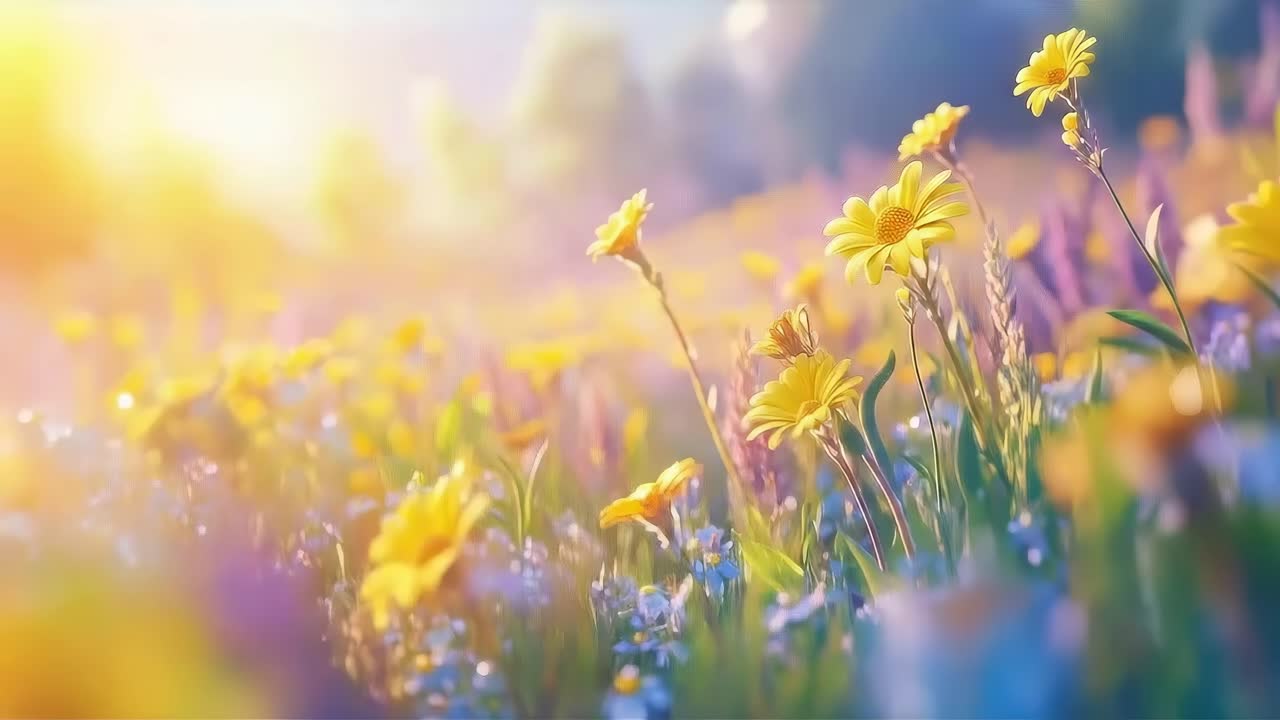 Low-angle video of a vibrant meadow with yellow flowers, capturing a dreamy, sunlit scene