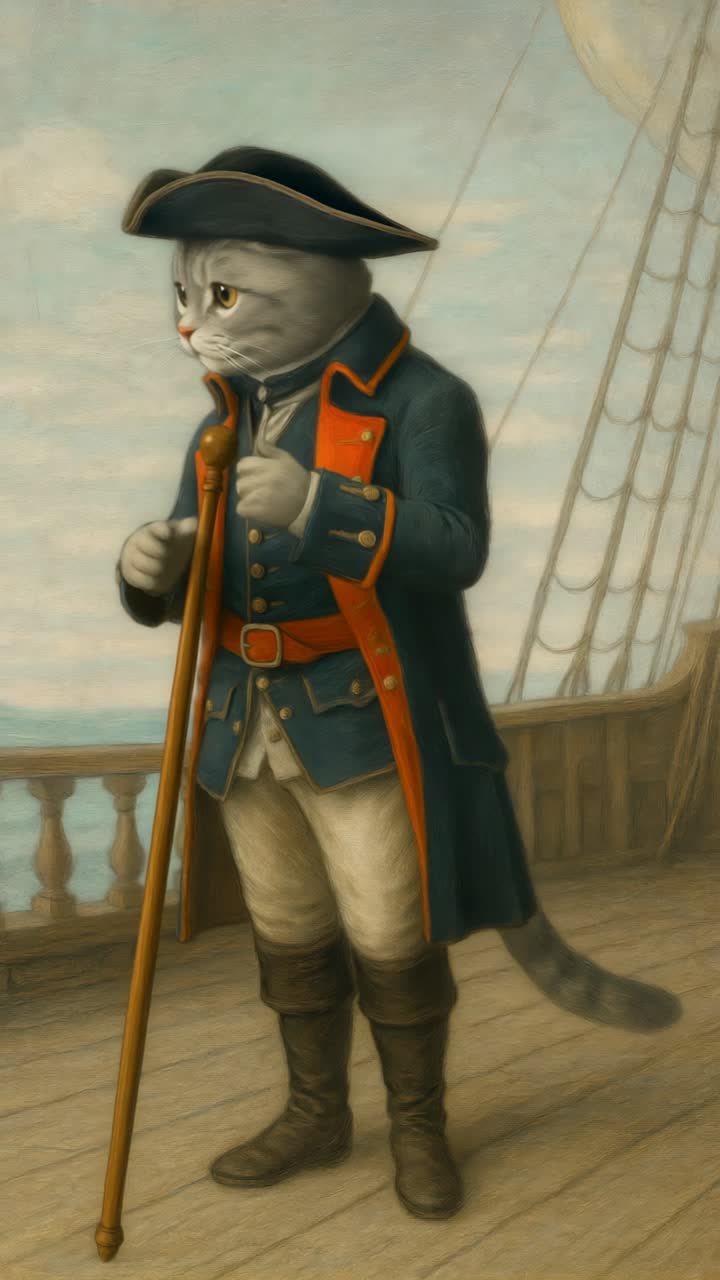 Un concept video stravagante con un gatto vestito da ufficiale di marina su una nave