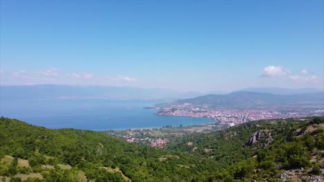 Toma-De-Drones-De-Una-Ciudad-En-La-Costa-De-Un-Hermoso-Lago-Natural