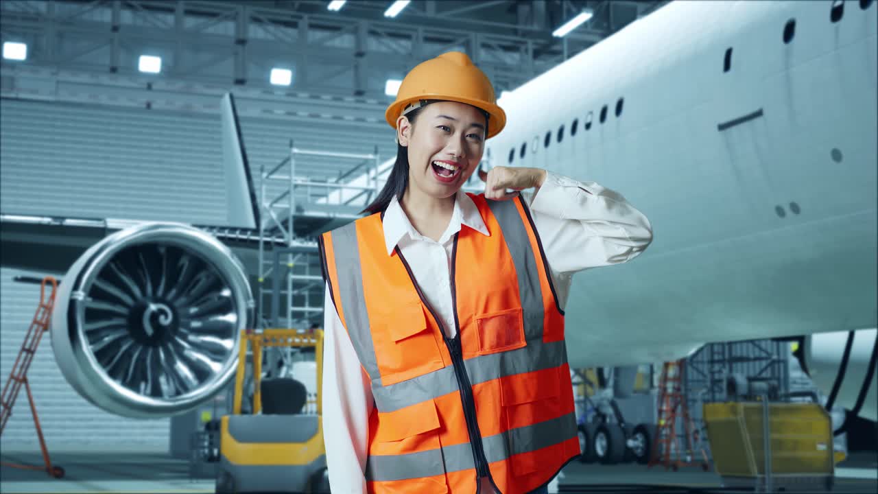 여성 엔지니어가 비행기 거에서 손짓으로 전화를 합니다.