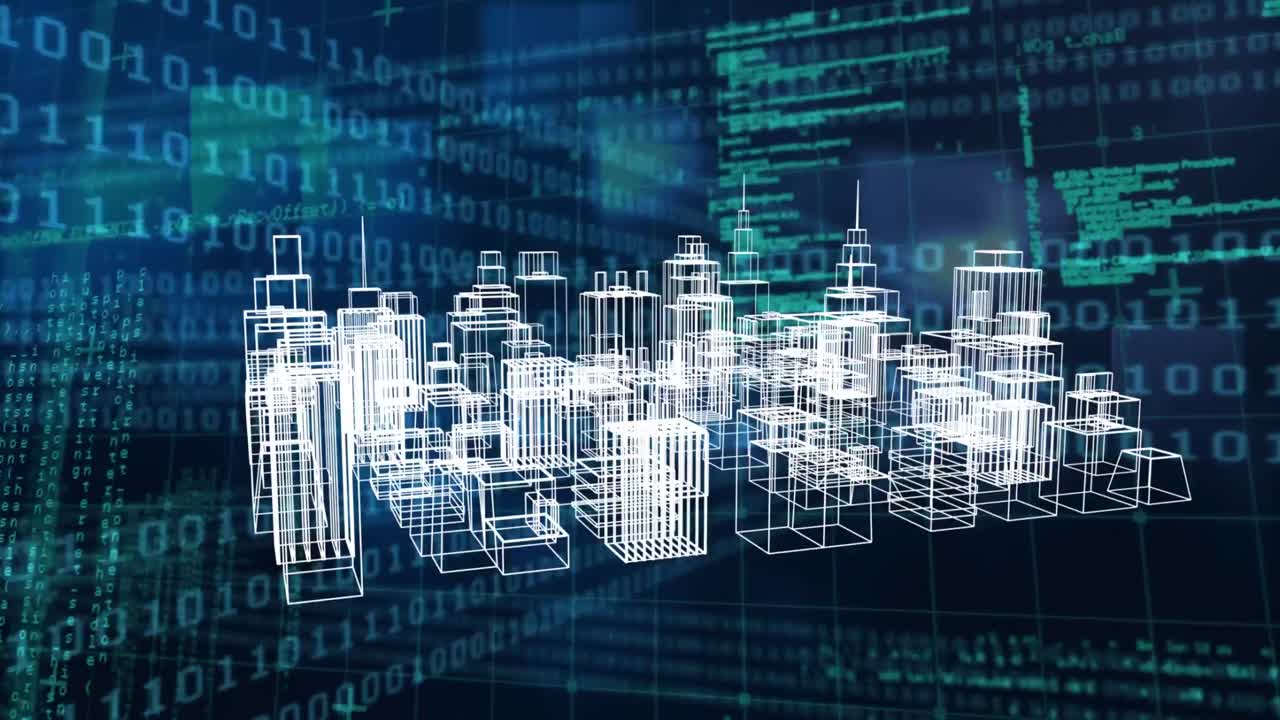 Animation of metaverse city project rotating over data processing in black and blue space