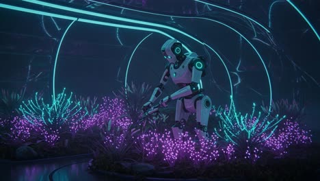 a futuristic robot tending to bioluminescent flora in a surreal neon environment, showcasing advanced technology and nature's beauty in a harmonious setting
