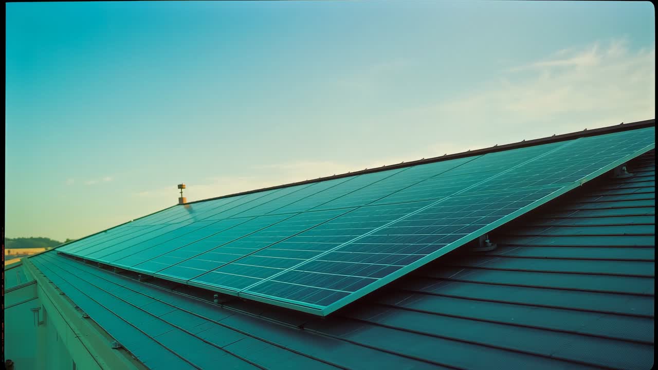 Panning camera gliding along solar array on metal roof with vent pipe showcasing clean energy