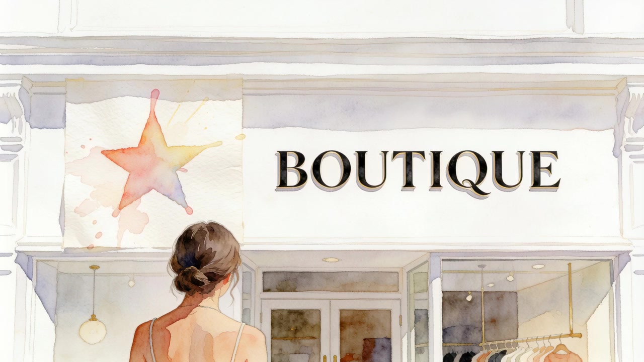 Watching woman in thin-strapped dress leaning toward shopfront, with star panel gaining splatters