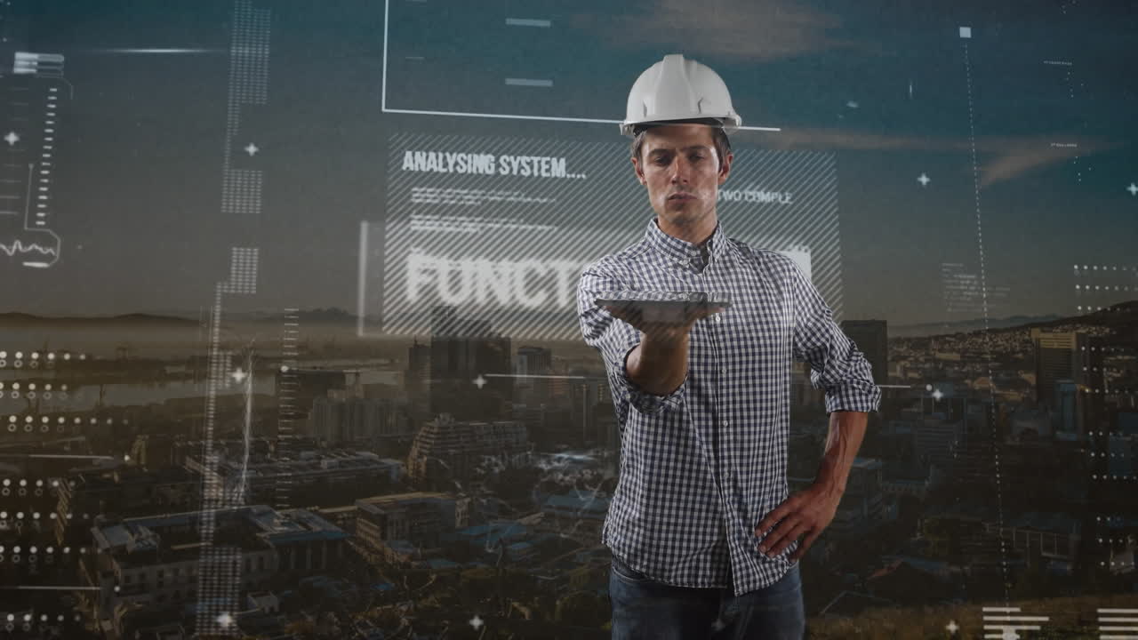 Animation of digital screen with diverse data over caucasian male engineer and cityscape