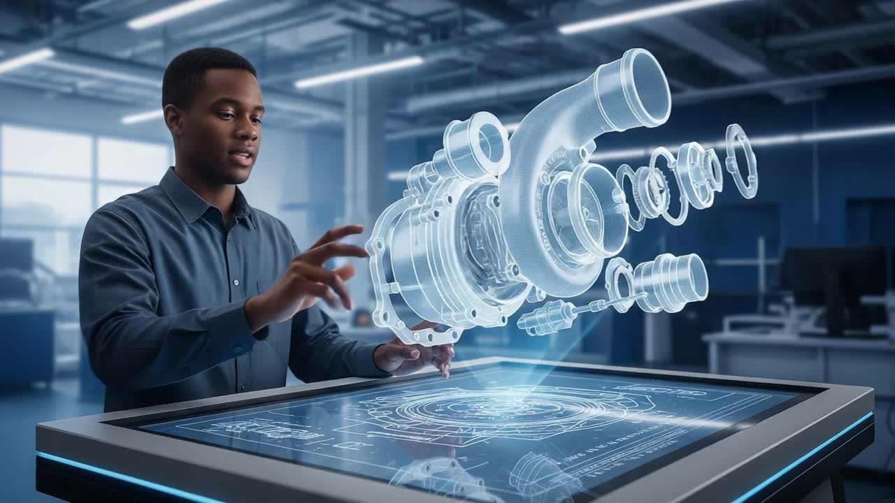 Innovative Engineer Interacting with 3D Turbocharger Model on an Interactive Display in a Modern Design Lab, Showcasing Advanced Technology and Futuristic Design